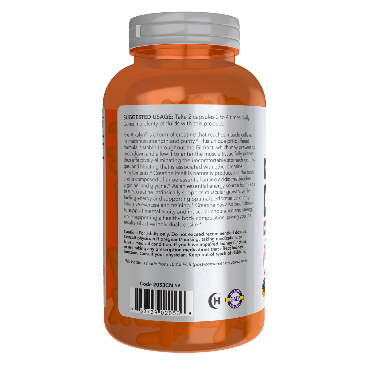 NOW Foods Kre-Alkalyn® Creatine - 240 Veg Capsules – Left label / Etykieta producenta
