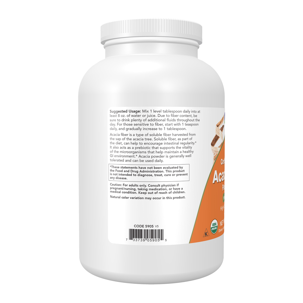 NOW Foods Acacia, Organic Powder - 12 oz. – Left label / Etykieta producenta