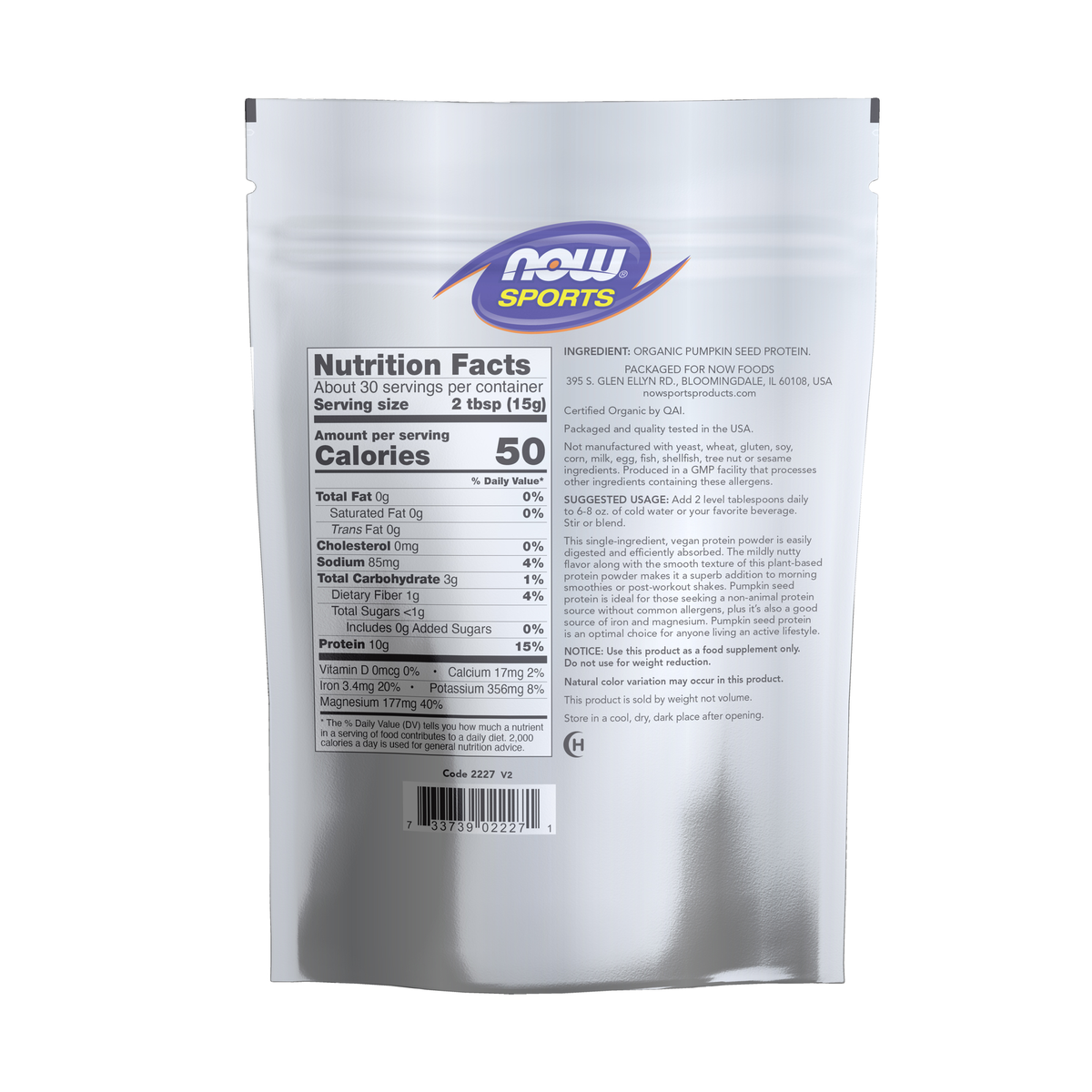 NOW Foods Pumpkin Seed Protein, Organic Powder - 1 lb. – Back label / Etykieta producenta