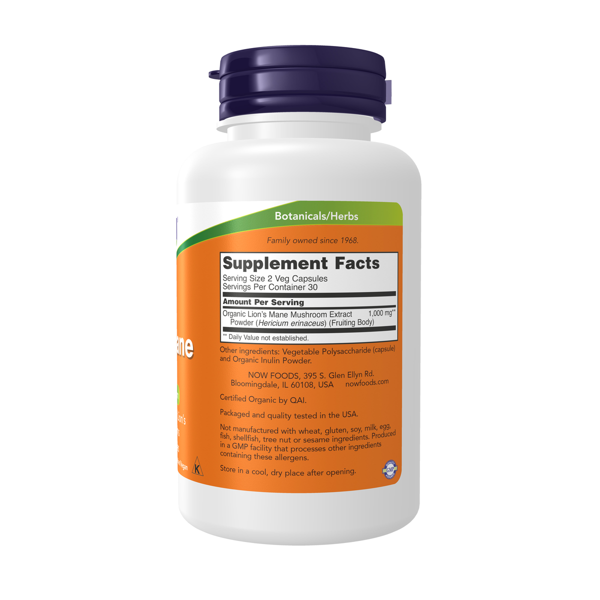 NOW Foods Lion's Mane 500 mg - 60 Veg Capsules – Right label / Etykieta producenta