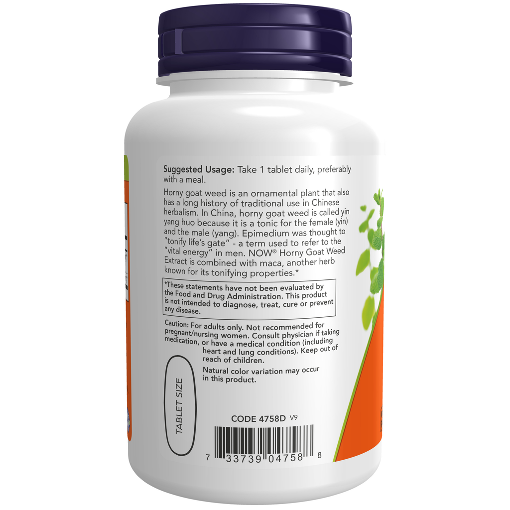 NOW Foods Horny Goat Weed Extract 750 mg - 90 Tablets – Label details / Etykieta producenta