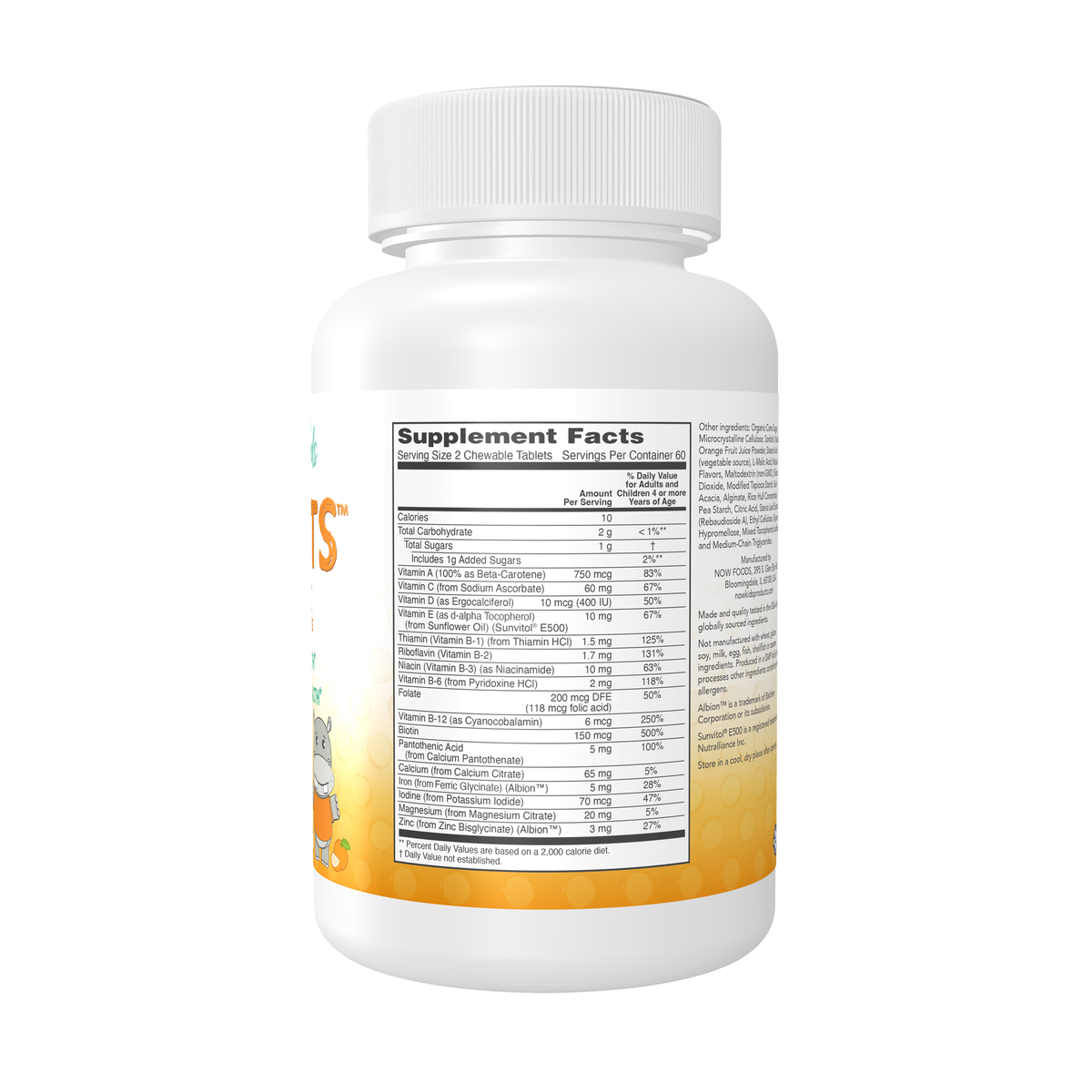 NOW Foods Kid Vits Multivitamin, Juicy Orange - 120 Chewable Tablets – Right label / Etykieta producenta