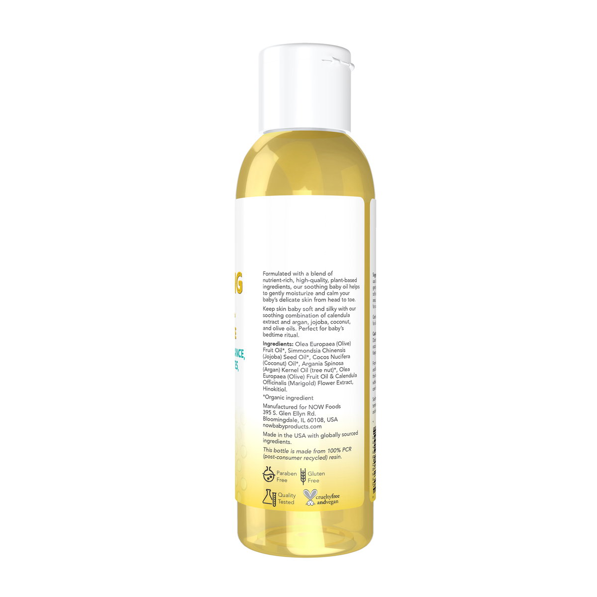 NOW Foods Soothing Baby Oil, Fragrance Free - 4 fl. oz. – Right label / Etykieta producenta