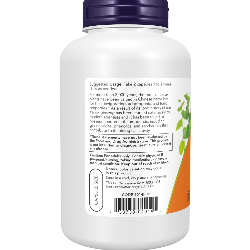 NOW Foods Panax Ginseng Extract - 250 Veg Capsules – Left label / Etykieta producenta