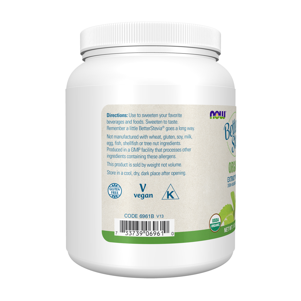 NOW Foods BetterStevia® Extract Powder, Organic - 1 lb. – Left label / Etykieta producenta