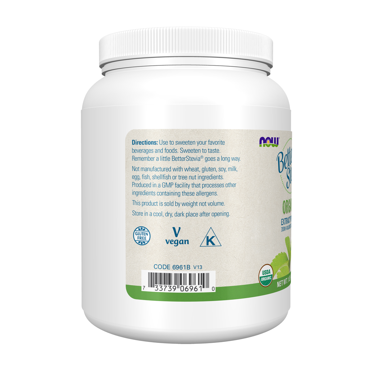 NOW Foods BetterStevia® Extract Powder, Organic - 1 lb. – Left label / Etykieta producenta