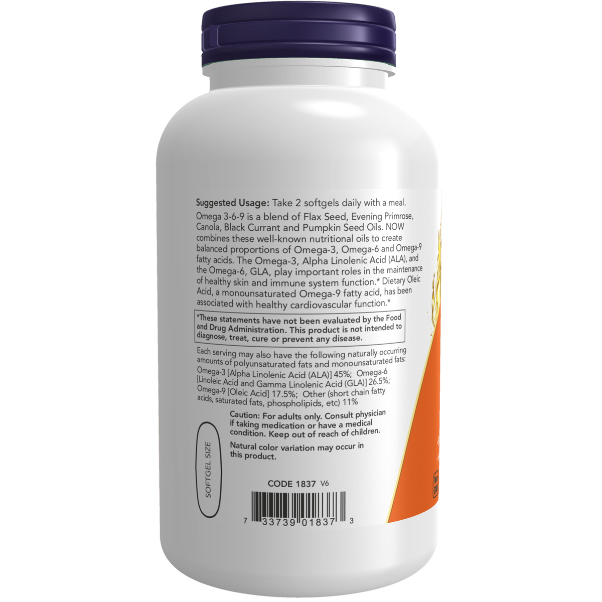 NOW Foods Omega 3-6-9 1000 mg - 250 Softgels – Label details / Etykieta producenta