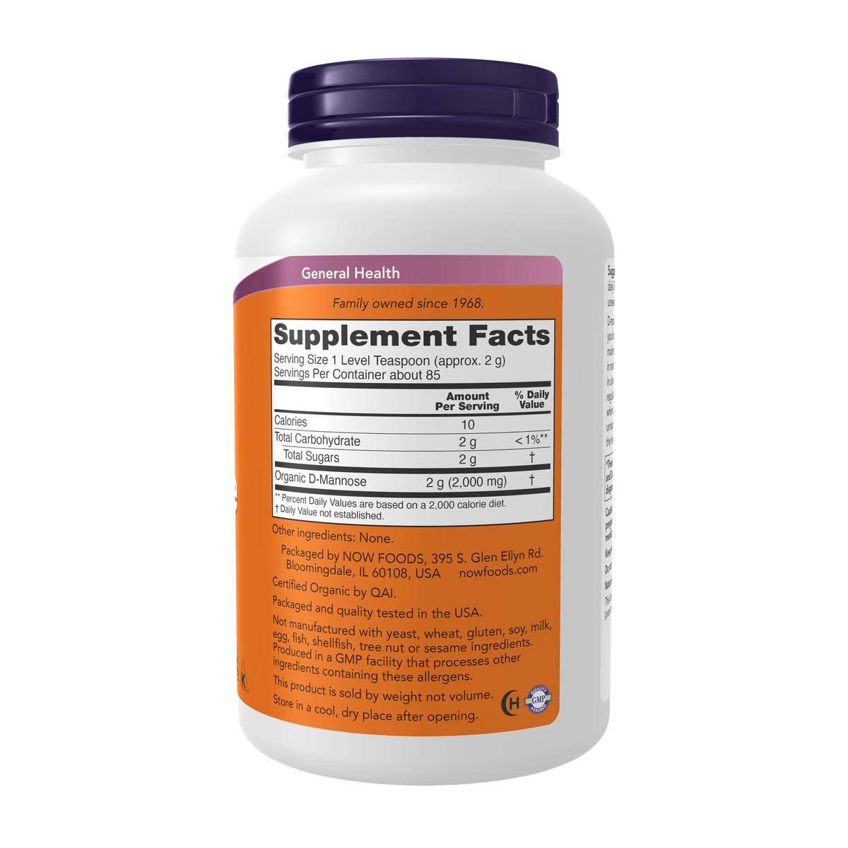 NOW Foods D-Mannose, Pure Powder - 6 oz. – Right label / Etykieta producenta