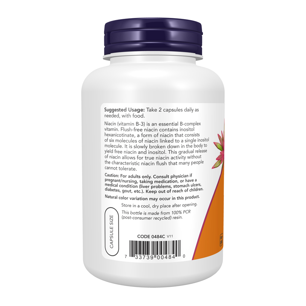NOW Foods Flush-Free Niacin 250 mg - 180 Veg Capsules – Left label / Etykieta producenta