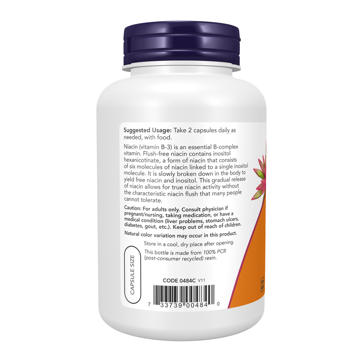 NOW Foods Flush-Free Niacin 250 mg - 180 Veg Capsules – Left label / Etykieta producenta