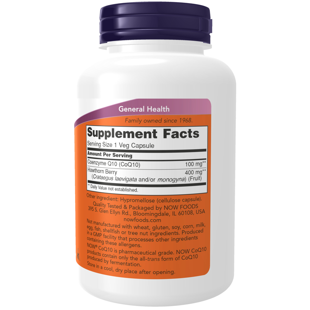 NOW Foods CoQ10 100 mg with Hawthorn Berry - 180 Veg Capsules – Manufacturer label details / Etykieta producenta