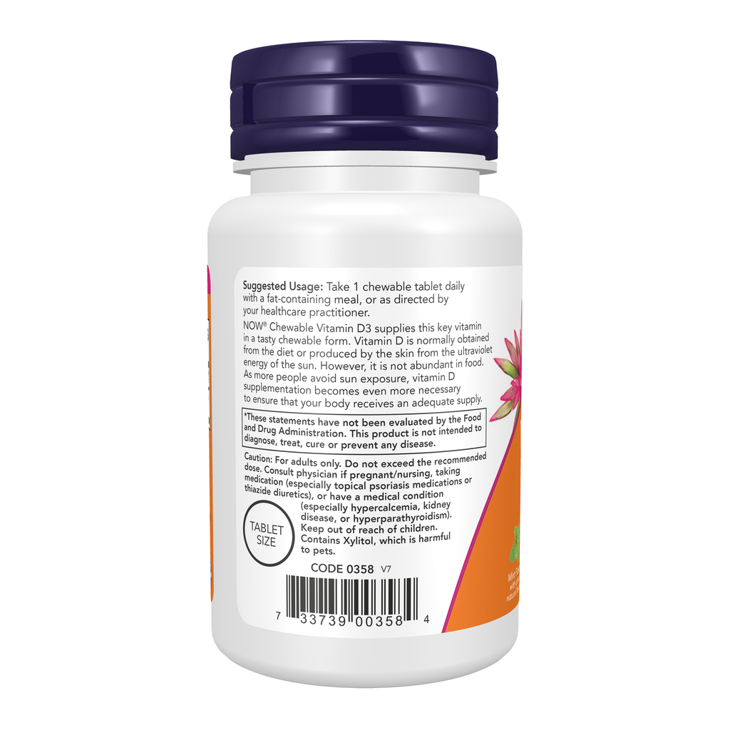 NOW Foods Vitamin D-3 5000 IU - 120 Chewables – Left label / Etykieta producenta