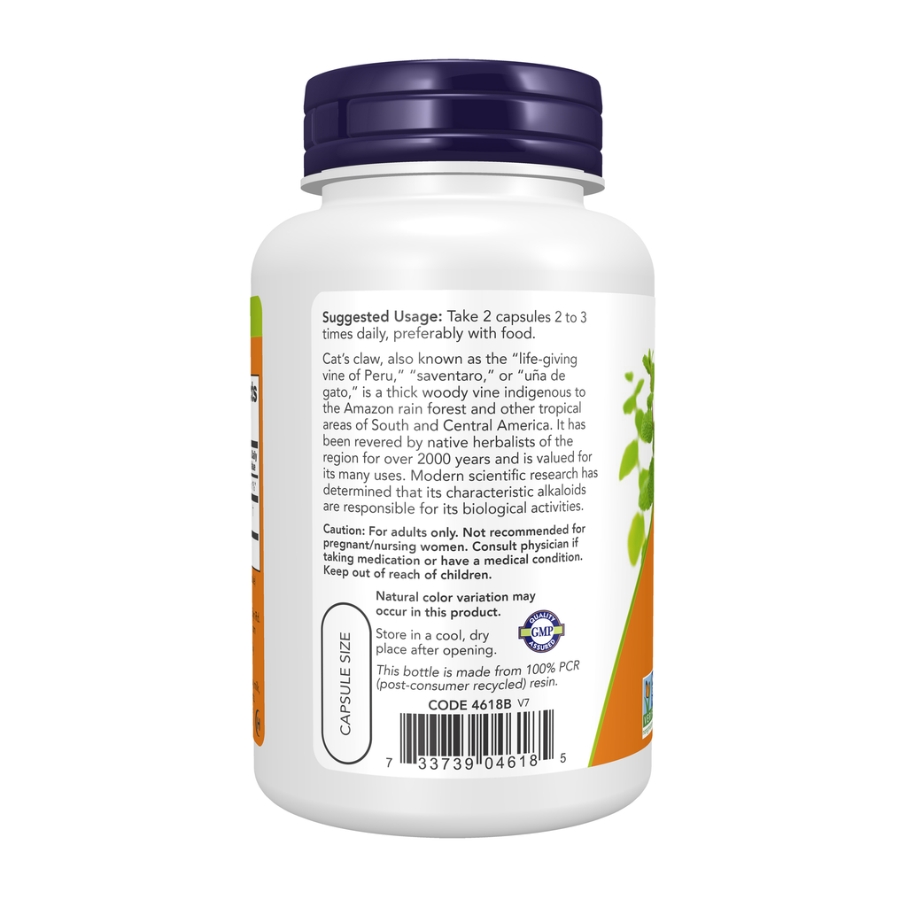 NOW Foods Cat's Claw 500 mg - 100 Veg Capsules – Left label / Etykieta producenta