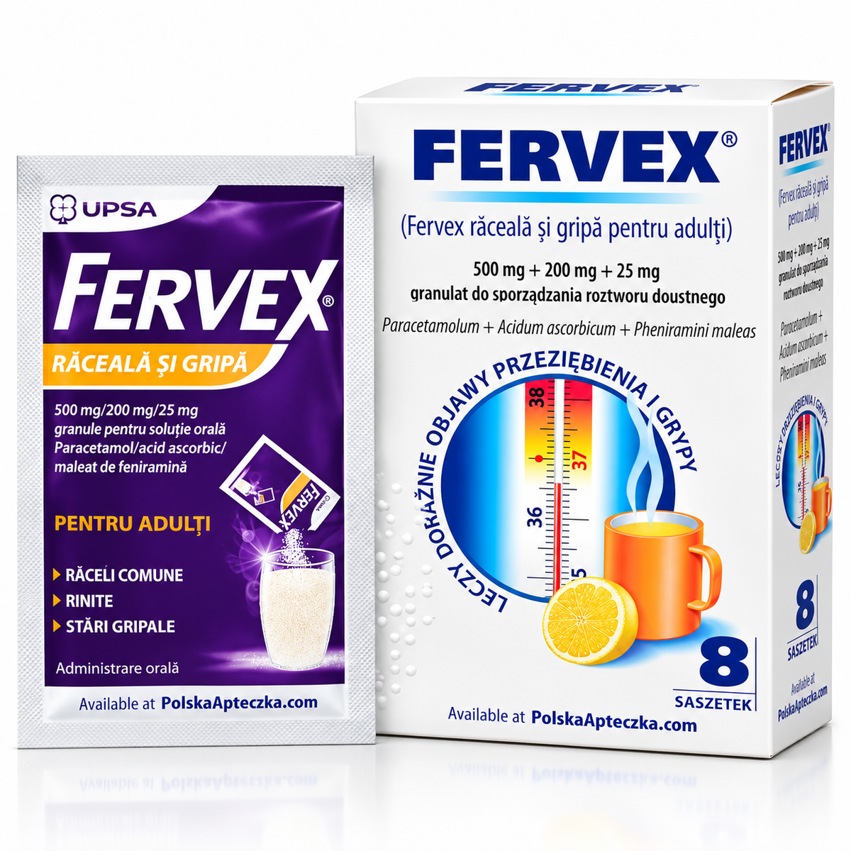 Fervex Cold & Flu for Adults – Fever, Headache & Runny Nose Relief | 8 Sachets Lemon Flavor - Apteczka | Proton Nutrition