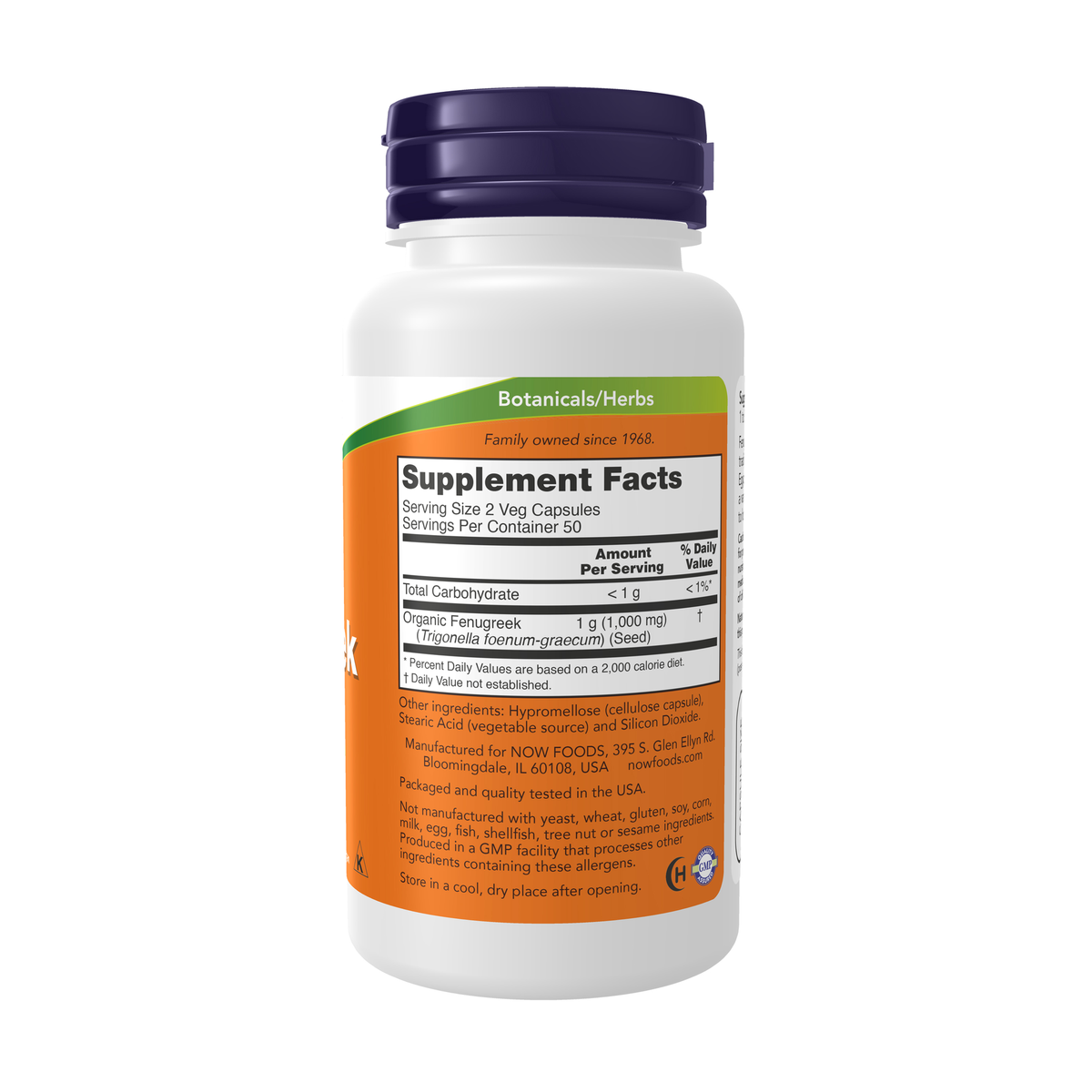 NOW Foods Fenugreek 500 mg - 100 Veg Capsules – Right label / Etykieta producenta