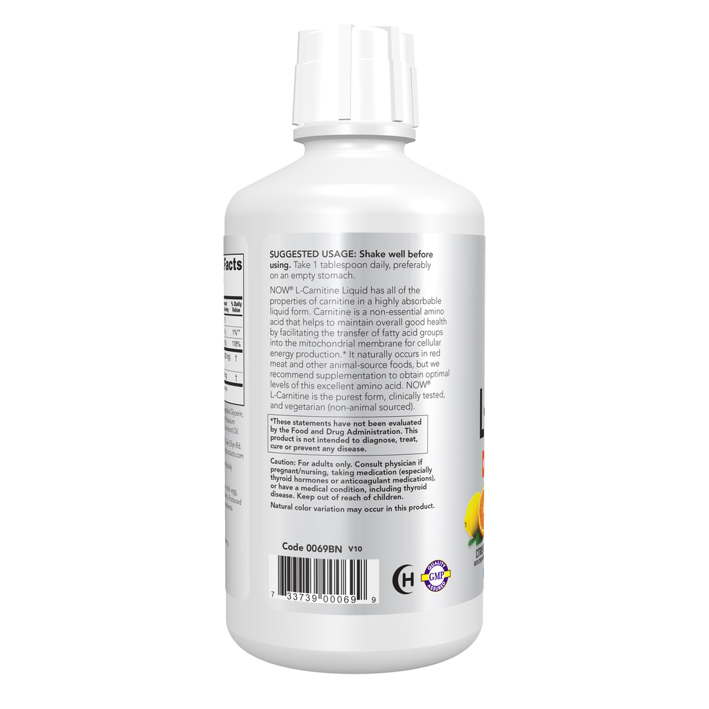 NOW Foods L-Carnitine Liquid 1000 mg, Citrus - 32 fl. oz. – Left label / Etykieta producenta