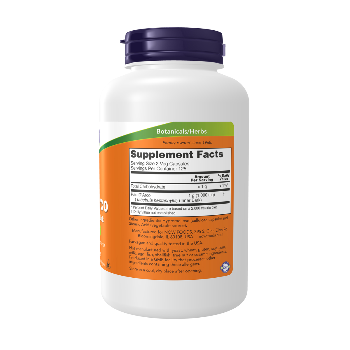 NOW Foods Pau D' Arco 500 mg - 250 Veg Capsules – Right label / Etykieta producenta