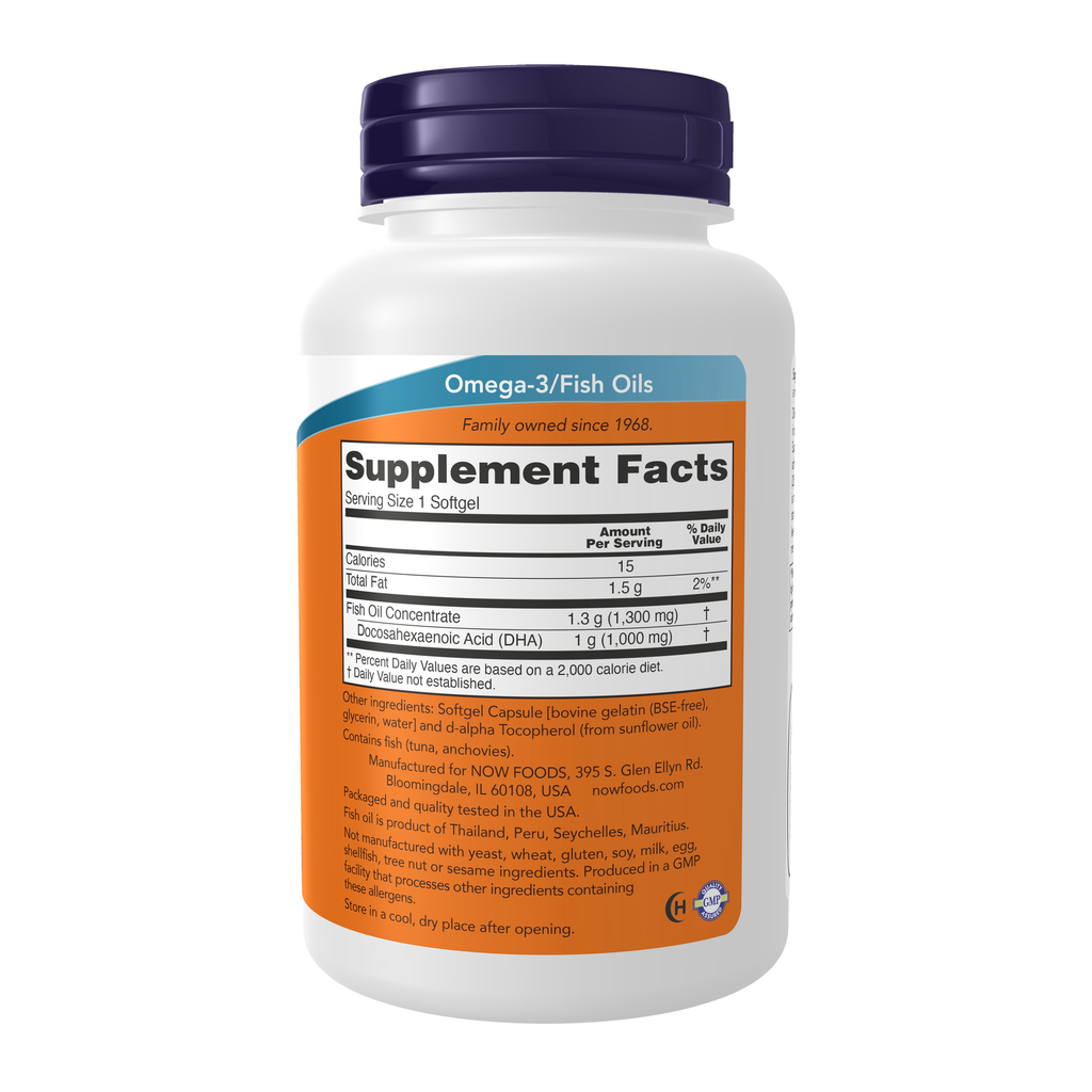 NOW Foods DHA-1000 Fish Oil, Extra Strength - 90 Softgels – Right label / Etykieta producenta