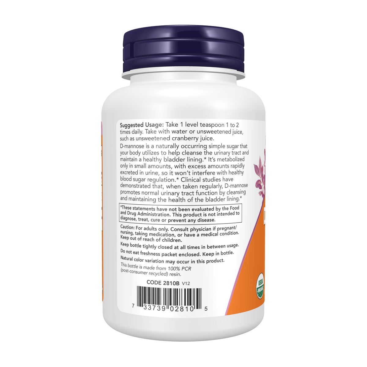 NOW Foods D-Mannose, Pure Powder - 3 oz. – Left label / Etykieta producenta
