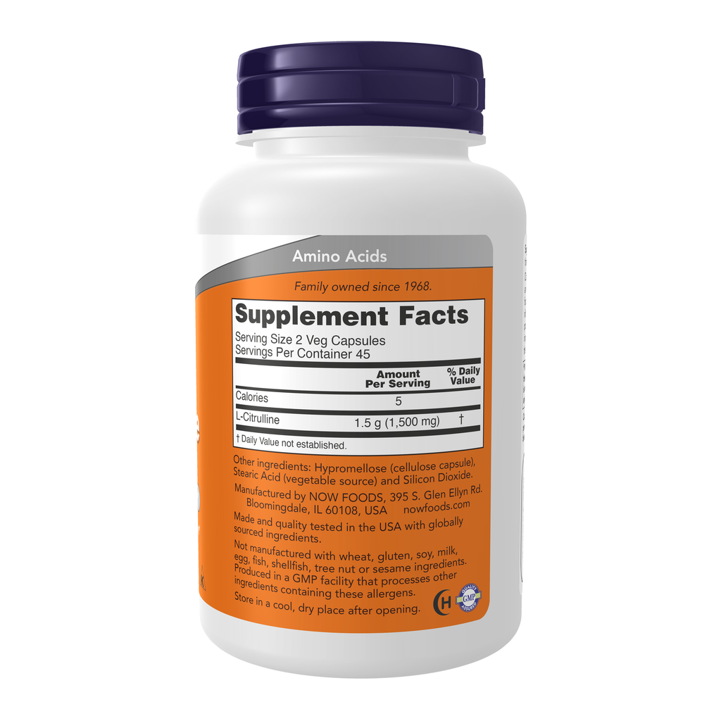 NOW Foods L-Citrulline 750 mg - 90 Veg Capsules – Right label / Etykieta producenta
