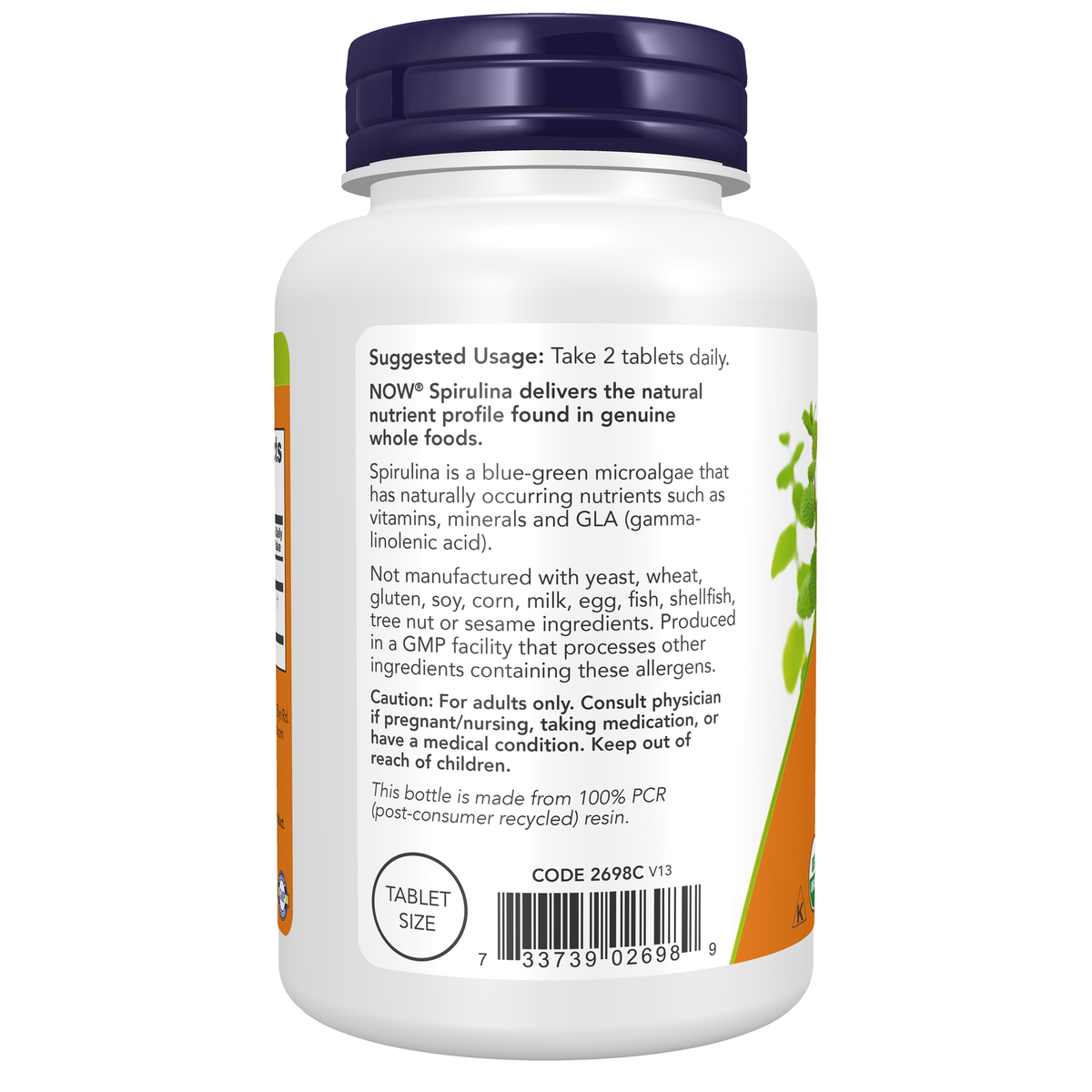 NOW Foods Spirulina 500 mg, Organic - 200 Tablets – Left label / Etykieta producenta
