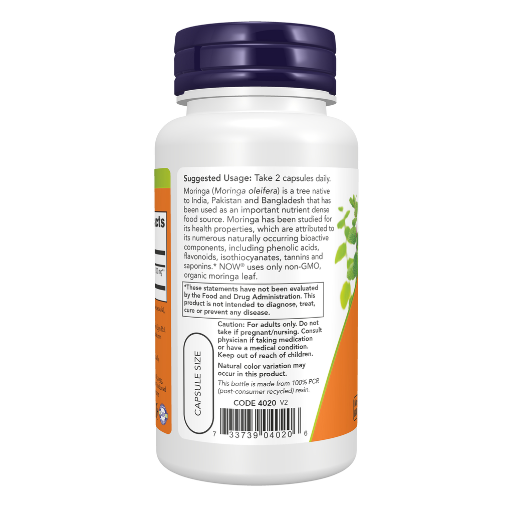 NOW Foods Moringa Leaf - 90 Veg Capsules – Left label / Etykieta producenta