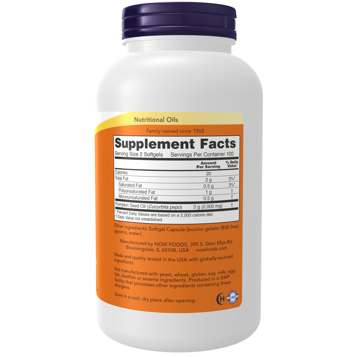NOW Foods Pumpkin Seed Oil 1000 mg - 200 Softgels – Right label / Etykieta producenta