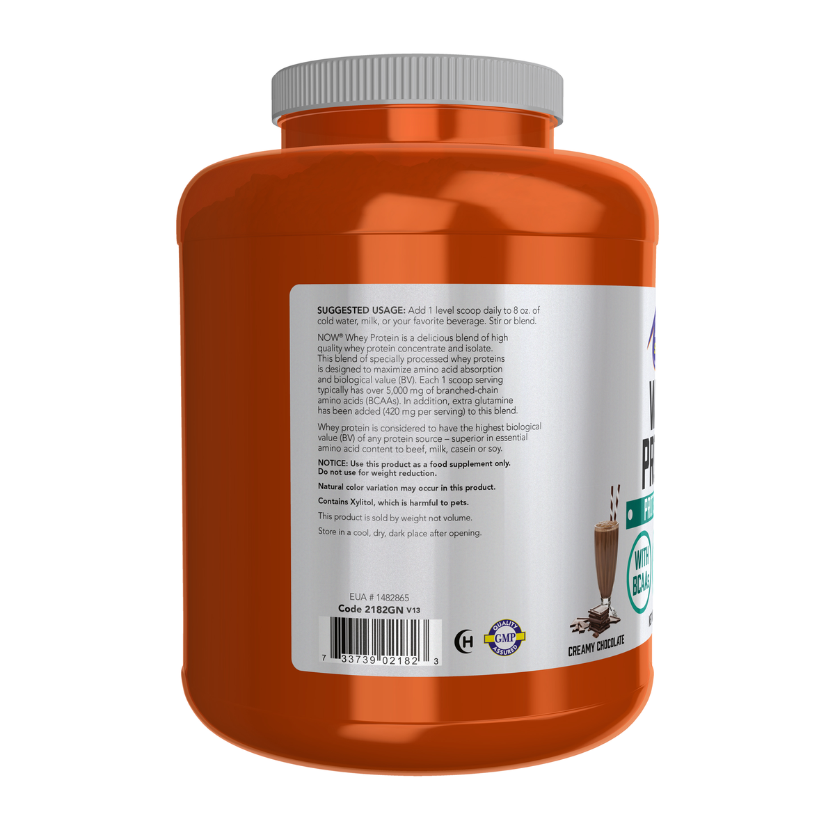 NOW Foods Whey Protein, Creamy Chocolate Powder - 6 lbs. – Left label / Etykieta producenta