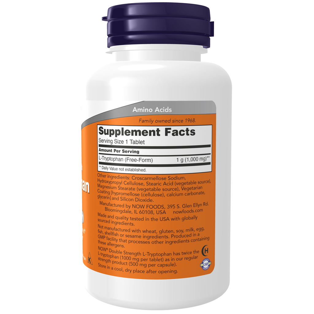 NOW Foods L-Tryptophan, Double Strength 1000 mg - 60 Tablets – Right label / Etykieta producenta