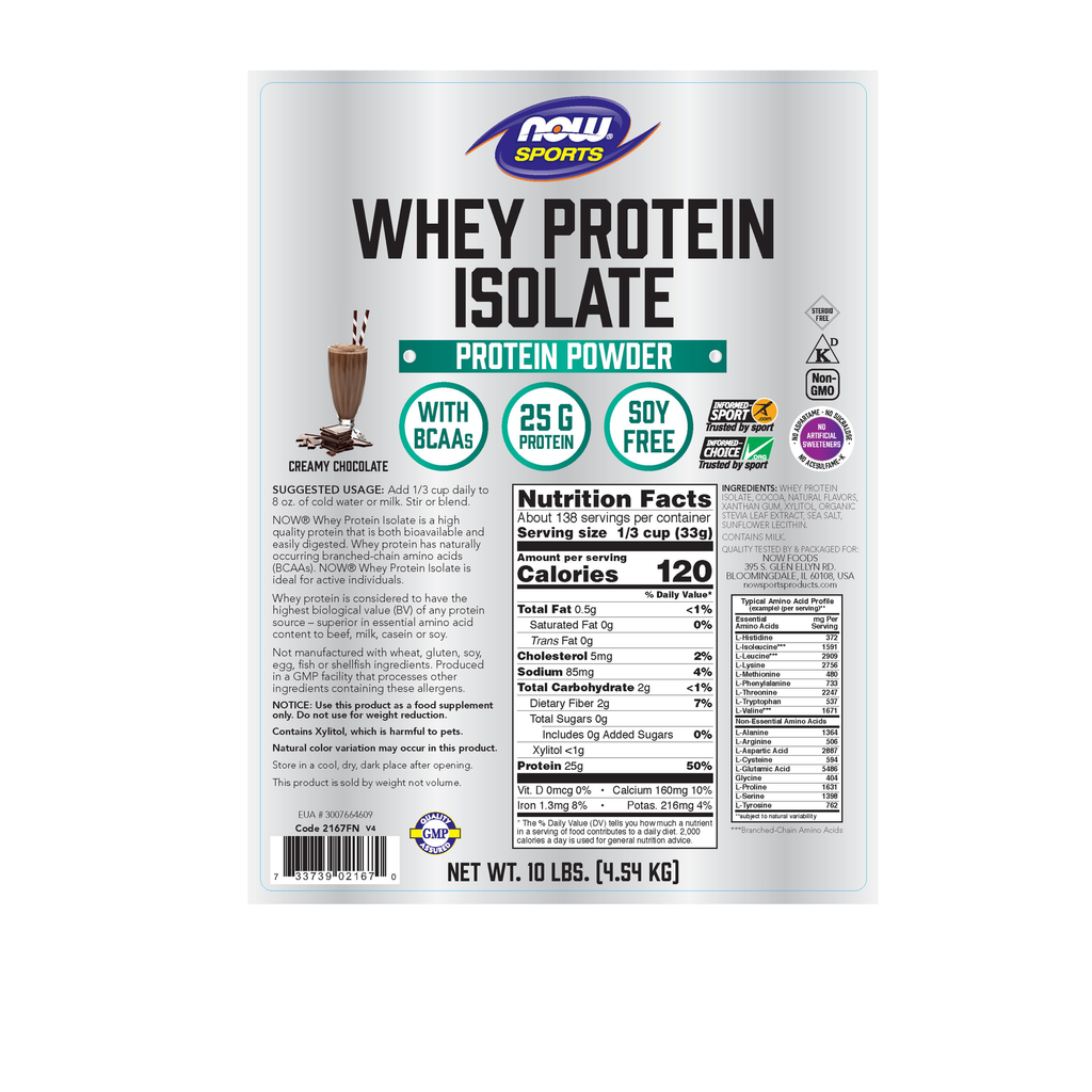 NOW Foods Whey Protein Isolate, Creamy Chocolate Powder - 10 lbs. – Label details / Etykieta producenta