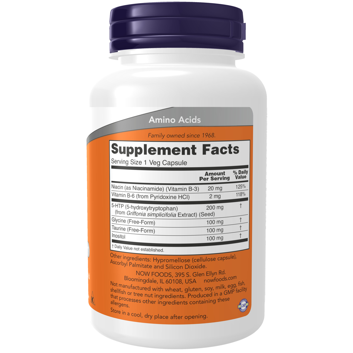NOW Foods 5-HTP, Double Strength 200 mg - 120 Veg Capsules – Label details / Etykieta producenta