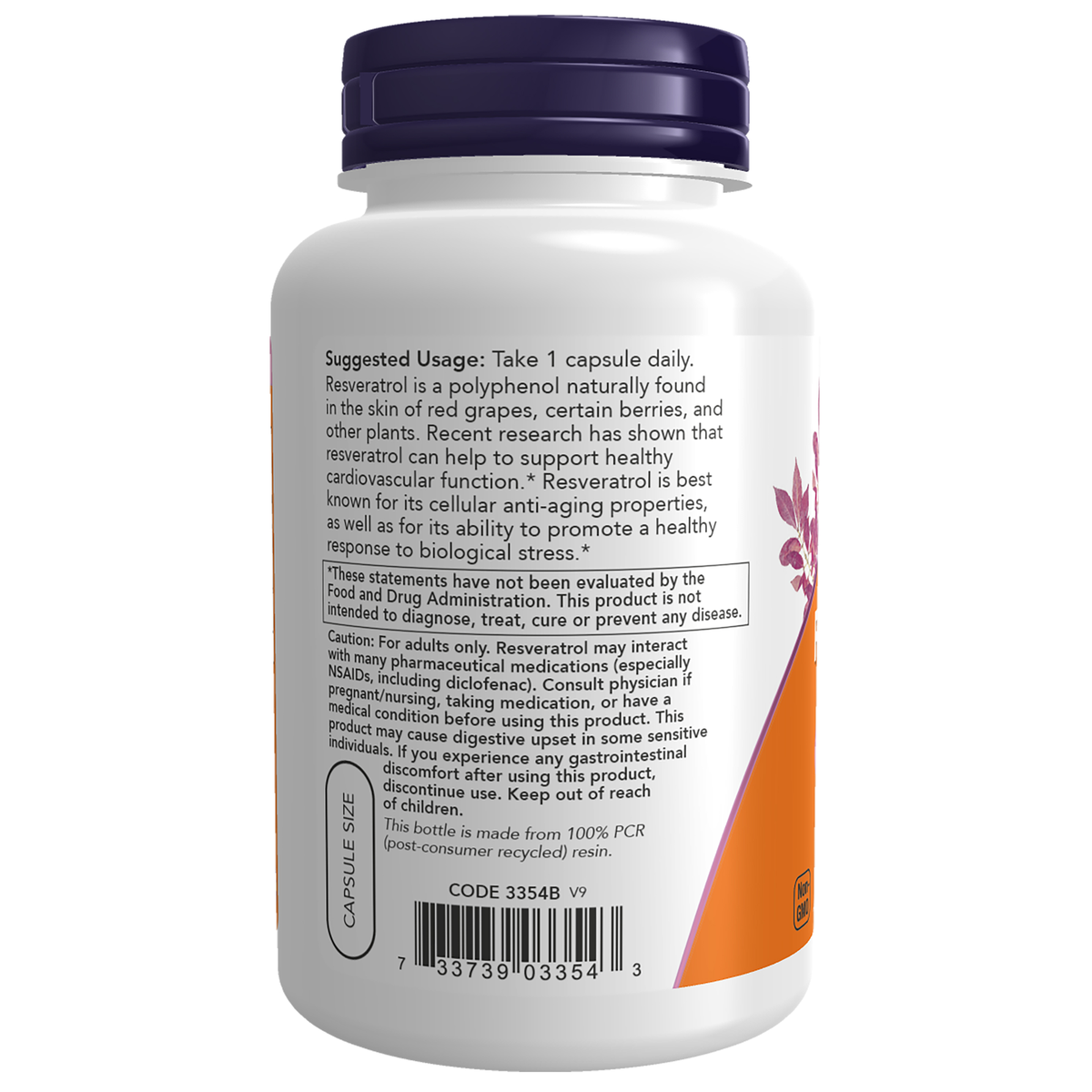 NOW Foods Resveratrol 200 mg - 120 Veg Capsules – Left label / Etykieta producenta
