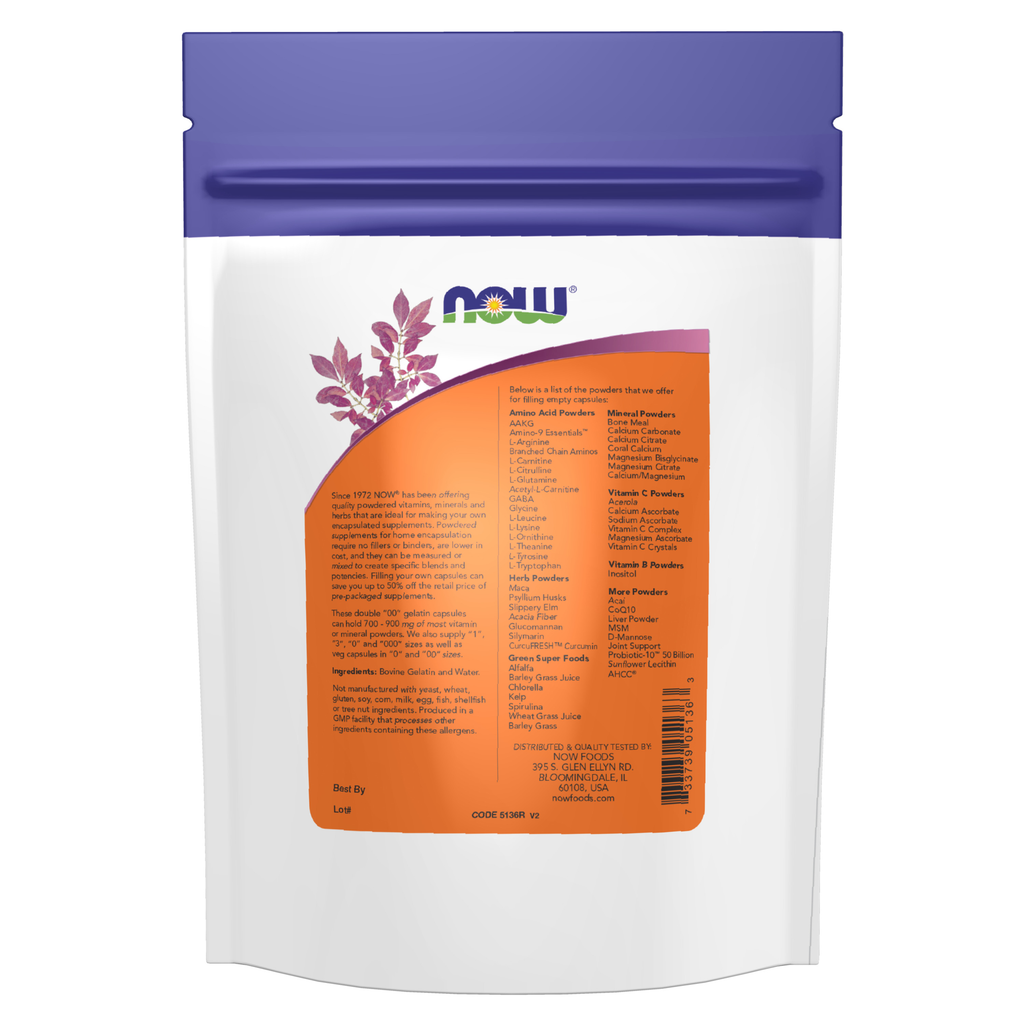NOW Foods Empty Capsules, Gelatin, Double 00" - 250 Gel Caps" – Label details / Etykieta producenta