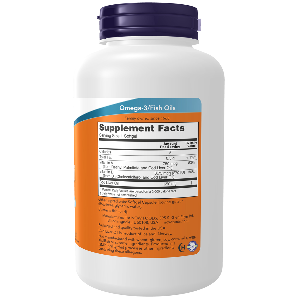 NOW Foods Cod Liver Oil 650 mg - 250 Softgels – Right label / Etykieta producenta