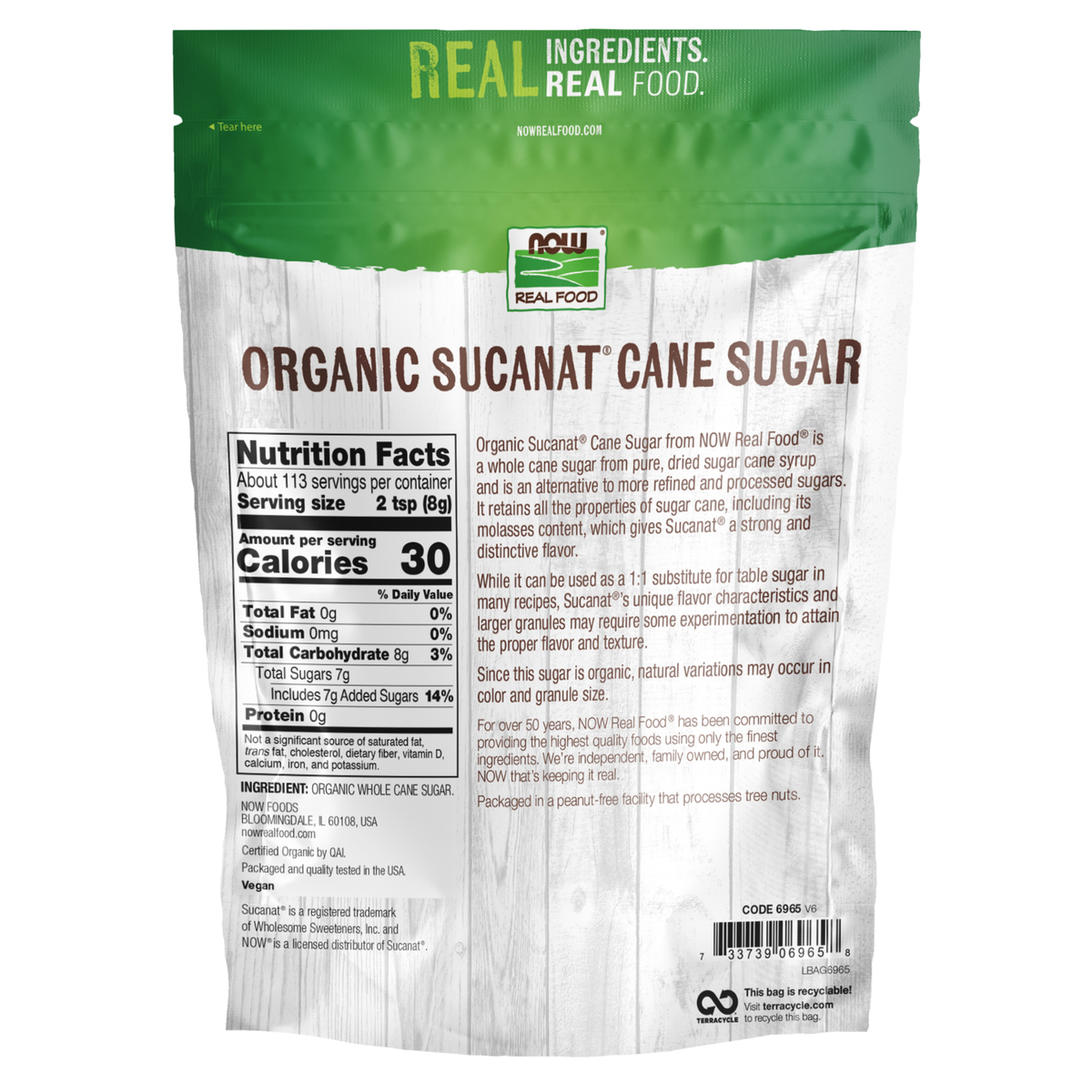 NOW Foods Sucanat® Cane Sugar, Organic - 2 lb – Label details / Etykieta producenta