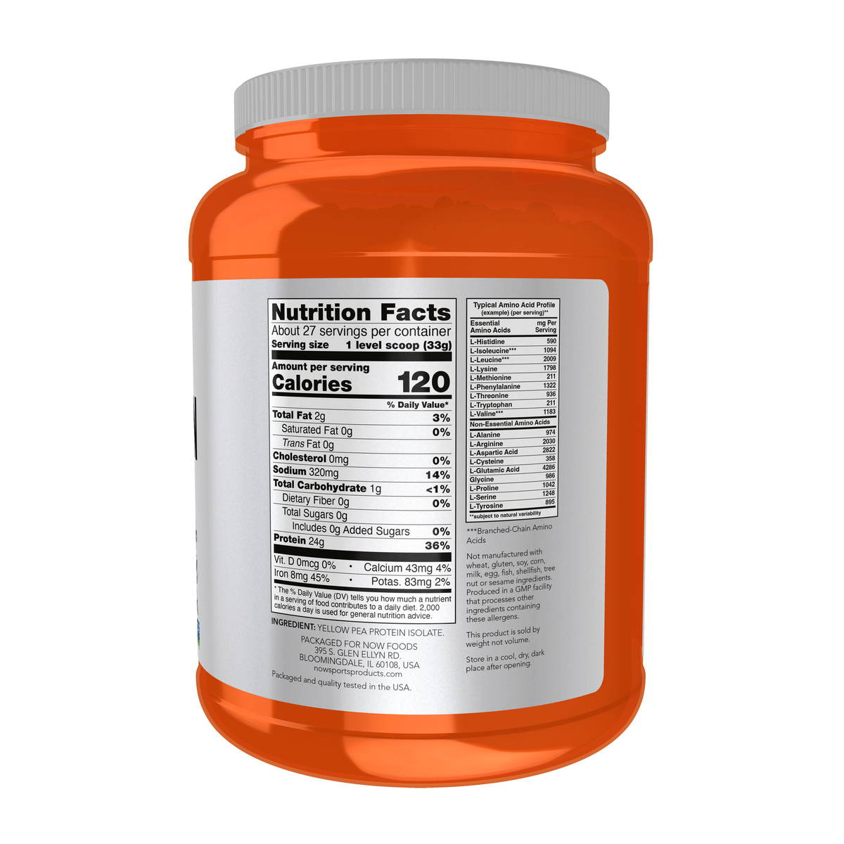 NOW Foods Pea Protein, Pure Unflavored Powder - 2 lbs. – Right label / Etykieta producenta
