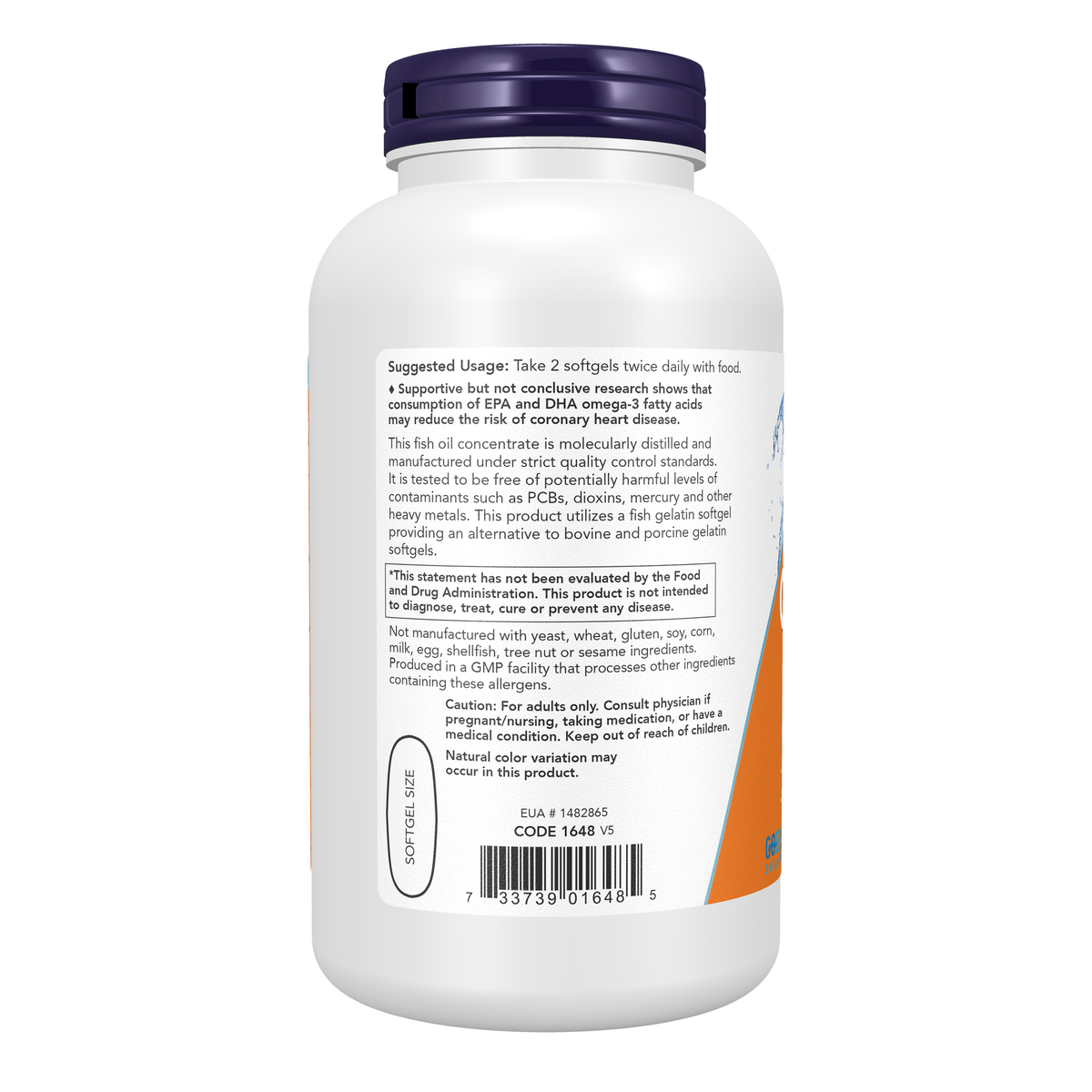NOW Foods Omega-3, Molecularly Distilled - 200 Fish Softgels – Left label / Etykieta producenta