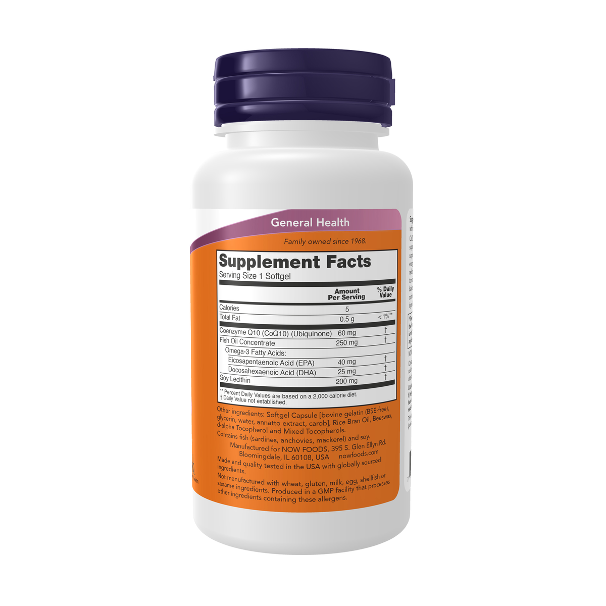 NOW Foods CoQ10 60 mg + Fish Oil – 60 Softgels – Right label / Etykieta producenta
