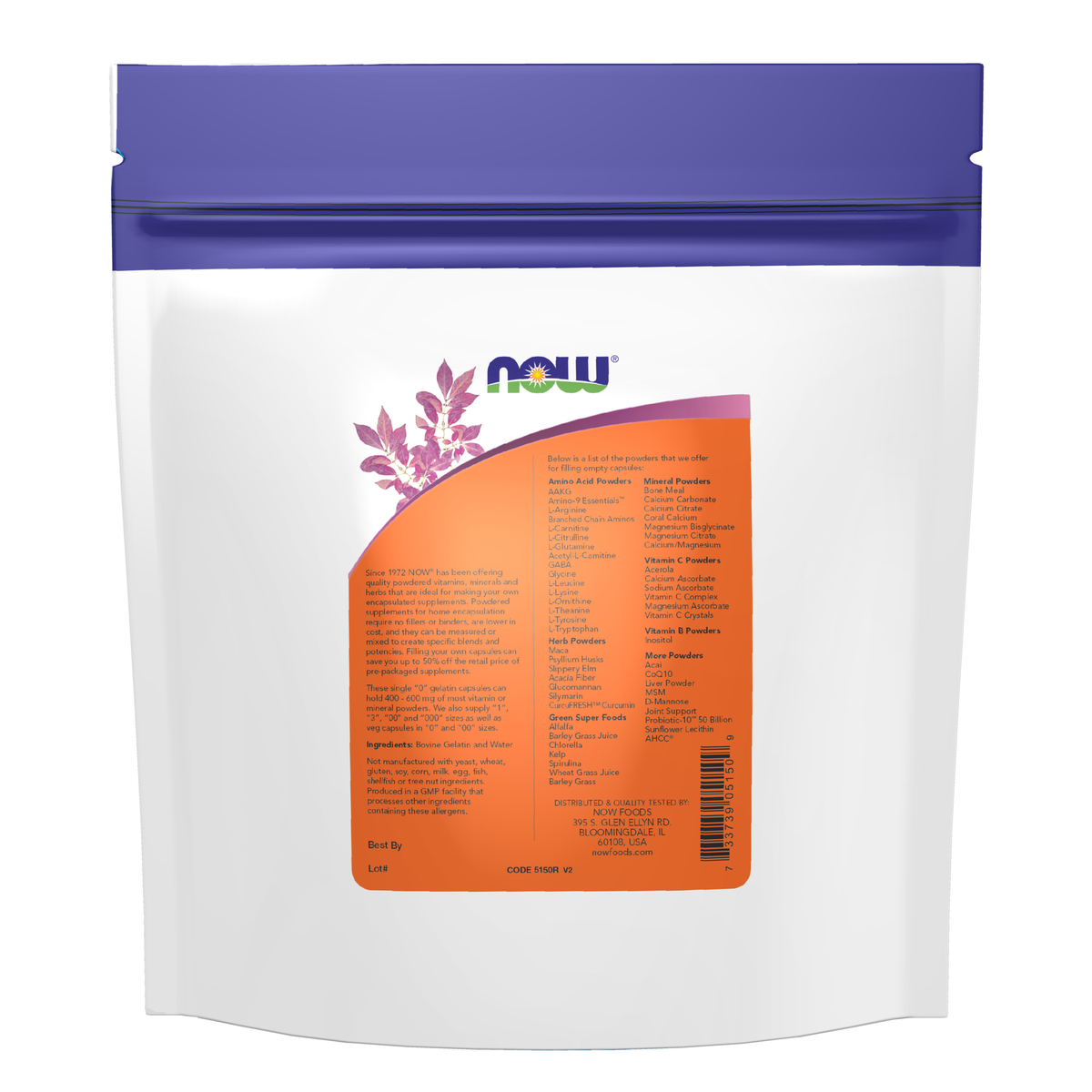 NOW Foods Empty Capsules, Gelatin, Single 0" - 1000 gel caps" – Label details / Etykieta producenta
