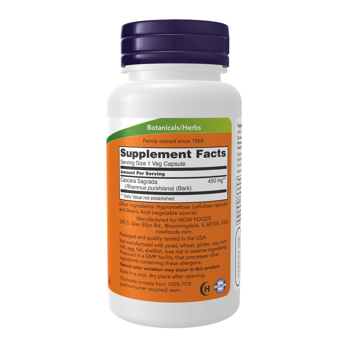 NOW Foods Cascara Sagrada 450 mg - 100 Veg Capsules – Right label / Etykieta producenta