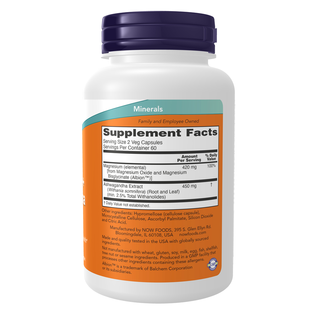 NOW Foods Magnesium + Ashwagandha - 120 Veg Capsules – Right label / Etykieta producenta