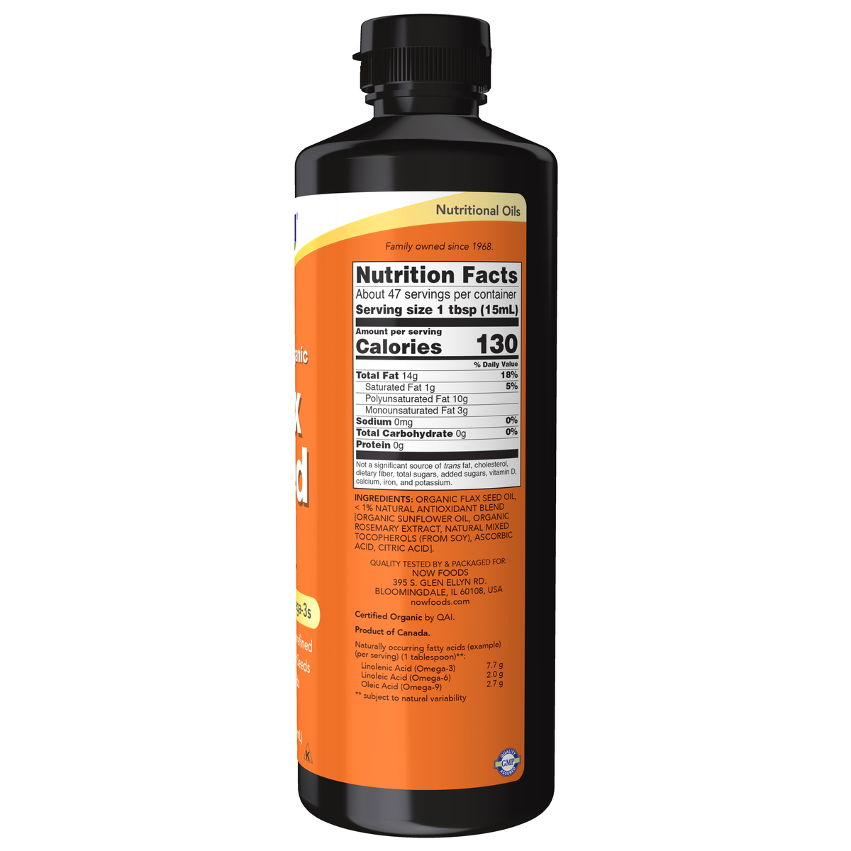 NOW Foods Flax Seed Oil Liquid, Organic - 24 fl. oz. – Label details / Etykieta producenta