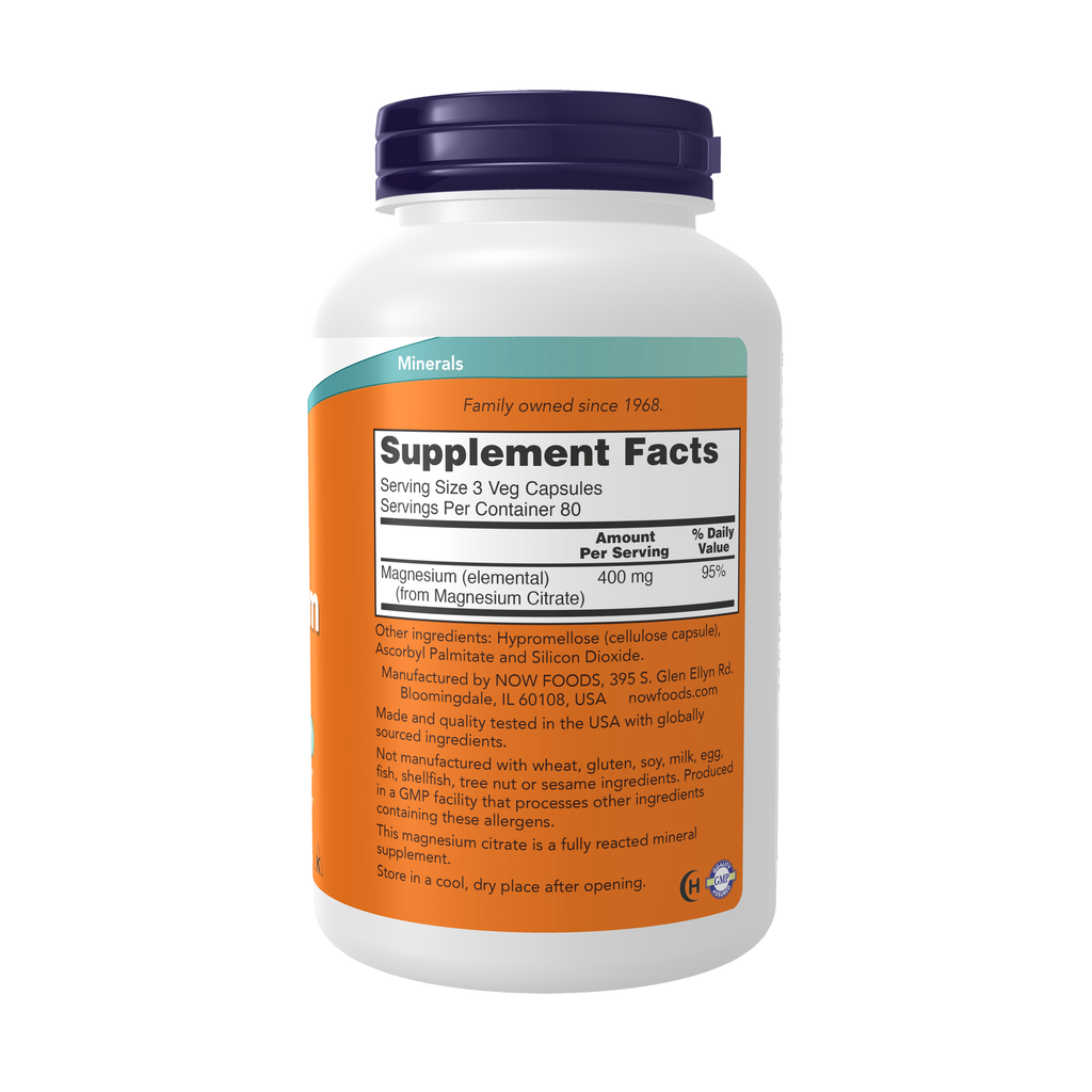NOW Foods Magnesium Citrate - 240 Veg Capsules – Right label / Etykieta producenta