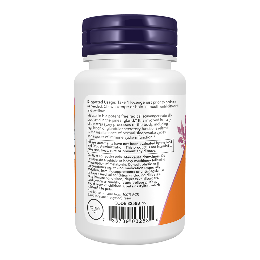 NOW Foods Melatonin 3 mg Chewable - 90 Lozenges – Left label / Etykieta producenta