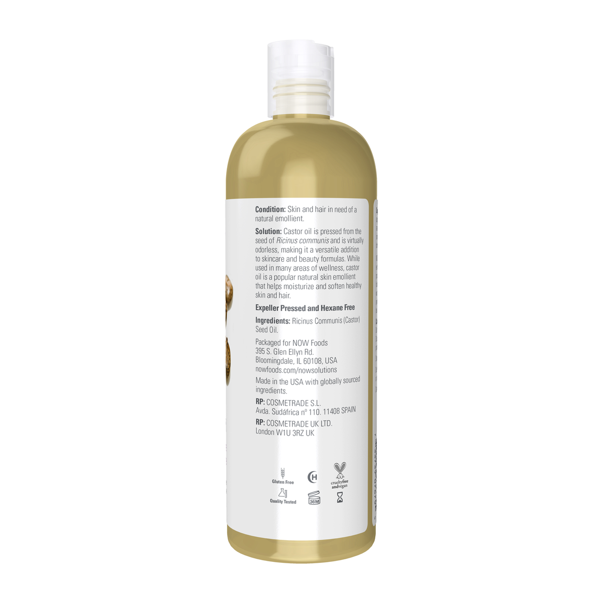 NOW Foods Solutions, Castor Oil, 100% Pure Versatile Skin Care, Multi-Purpose Skin Softener, 16-Ounce – Right label / Etykieta producenta
