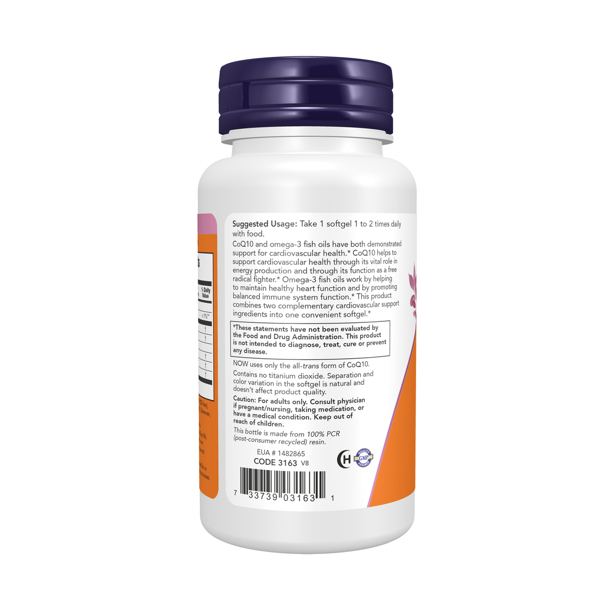 NOW Foods CoQ10 60 mg + Fish Oil – 60 Softgels – Left label / Etykieta producenta