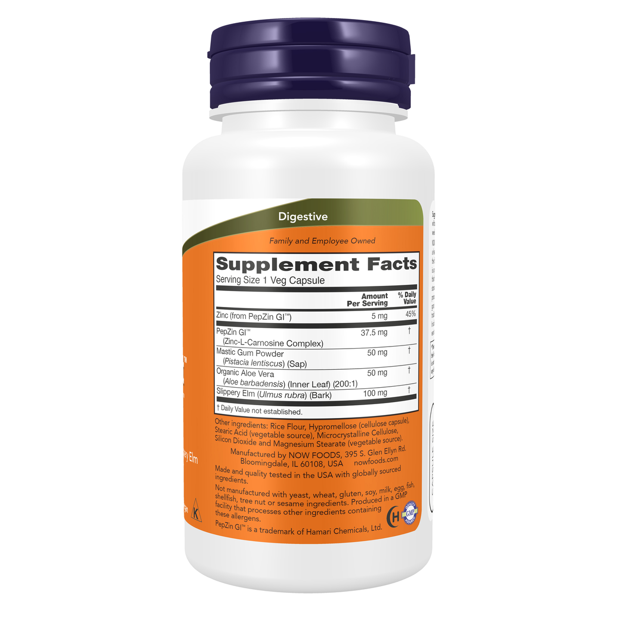 NOW Foods Gastro Comfort™ with PepZin GI™ - 60 Veg Capsules – Right label / Etykieta producenta