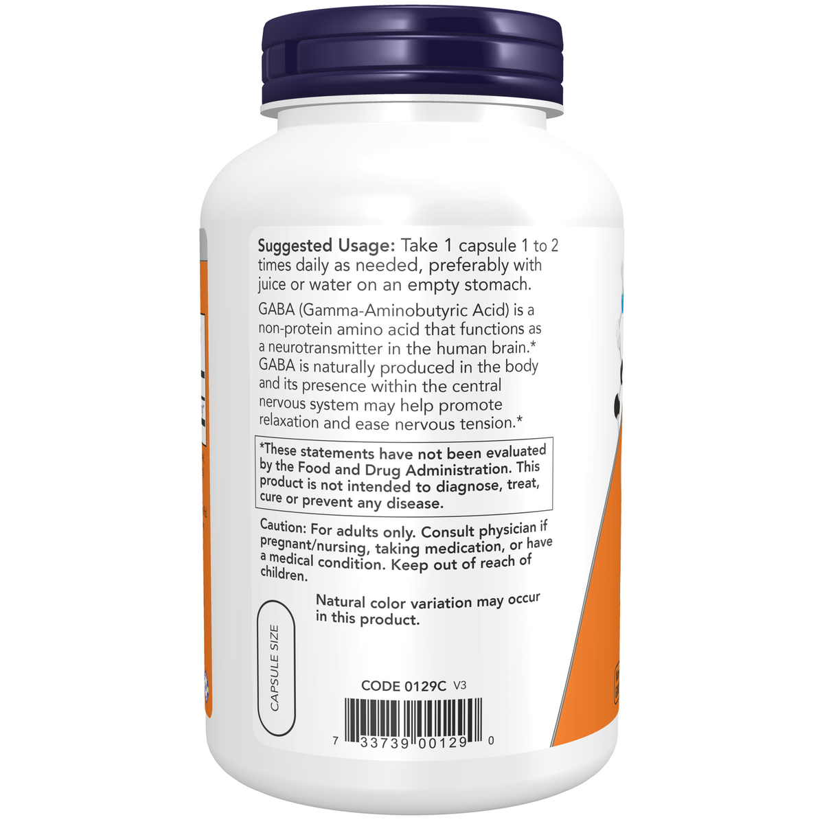 NOW Foods GABA 750 mg - 200 Veg Capsules – Label details / Etykieta producenta