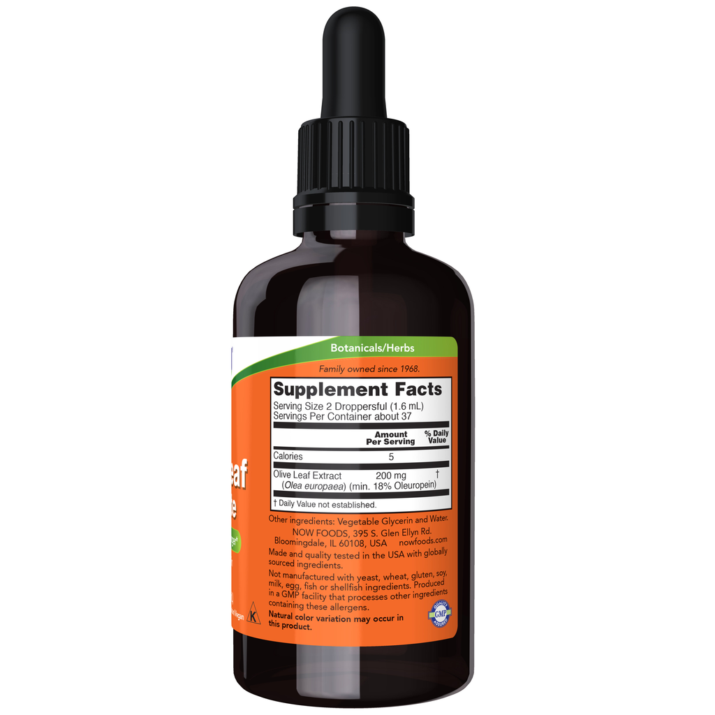 NOW Foods Olive Leaf Glycerite 18% - 2 fl. oz. – Label details / Etykieta producenta