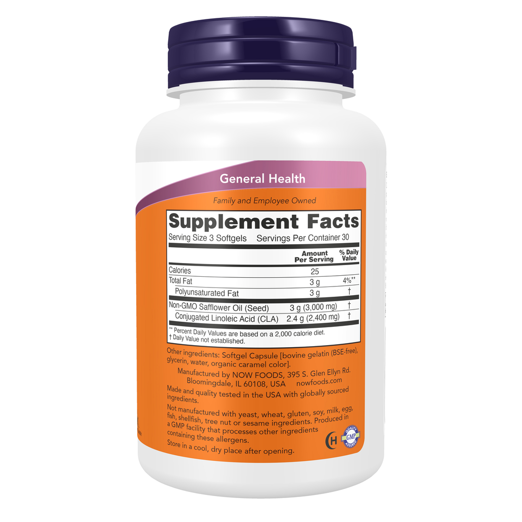 NOW Foods CLA (Conjugated Linoleic Acid) 800 mg - 90 Softgels – Right label / Etykieta producenta